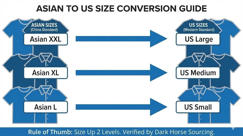 Infographie intitulée « Guide de conversion des tailles asiatiques vers américaines » par Dark Horse Sourcing, montrant les différences de taille de vêtements entre les normes chinoises et occidentales, illustrant que le XXL asiatique est un US Large, XL est un Medium et L est un Small.